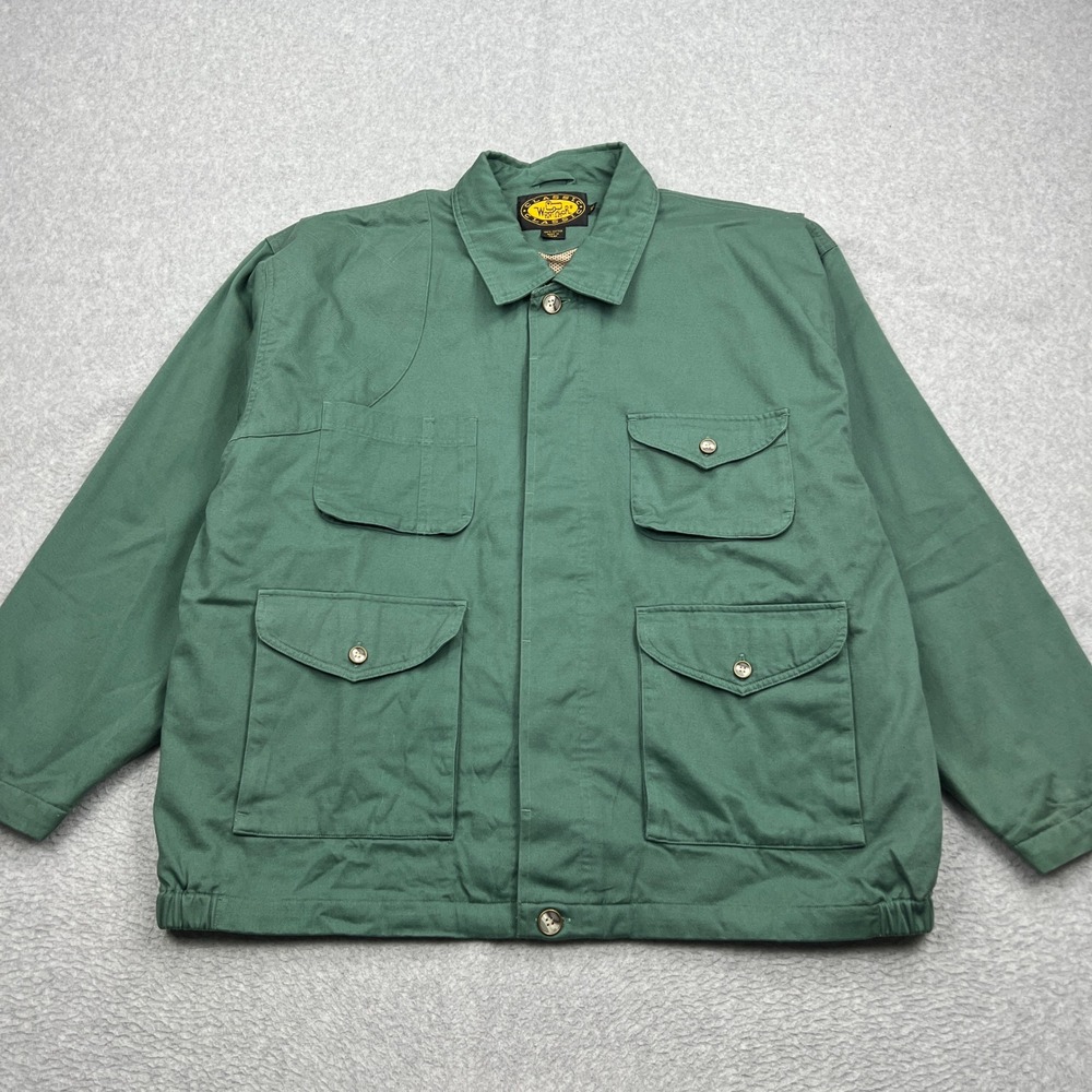 Woolrich Field Jacket Men XL Green Canvas Multi Pocket Mesh Lined Vented Utility